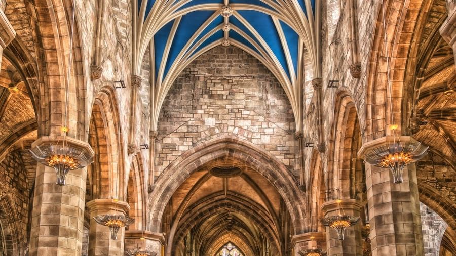 An overview of the interiors of a church with beautiful architecture.