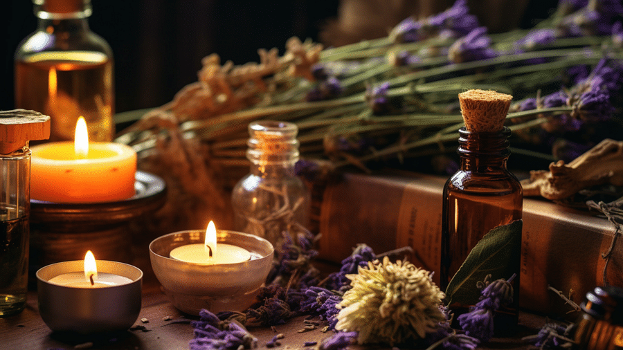 Aromatic oils and candles on a table with dried lavender.