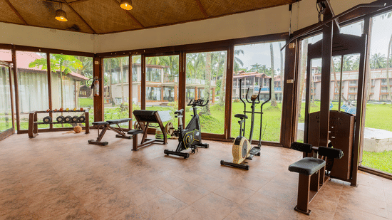 Well-equipped gym with large windows and greenery view at Silver Sand Sea Princess Beach Resort, Port Blair.