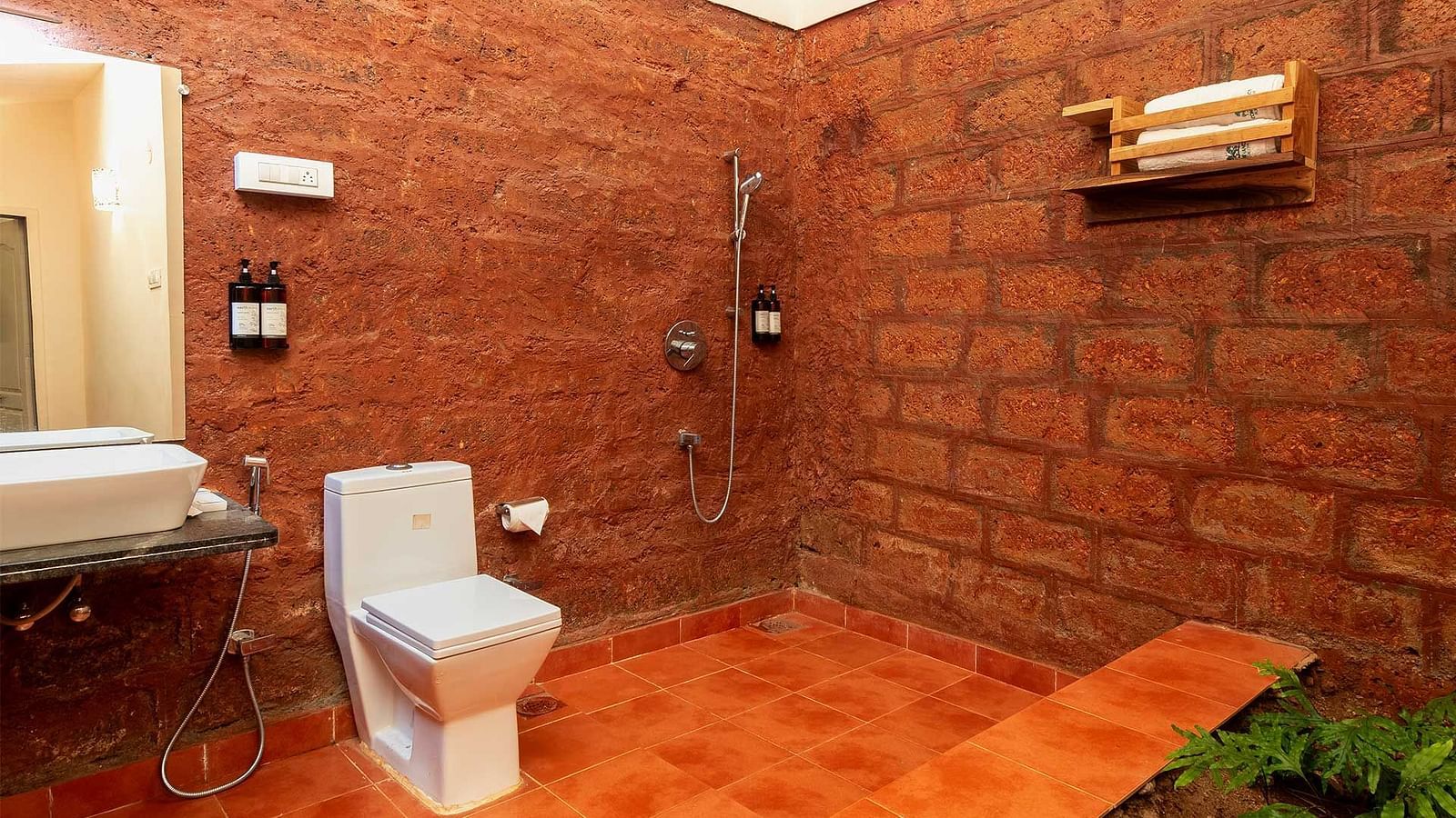 A bathroom with shower, toilet, wooden rack with towels, sink area with mirror and plants at the corner at The Conservancy Bungalow