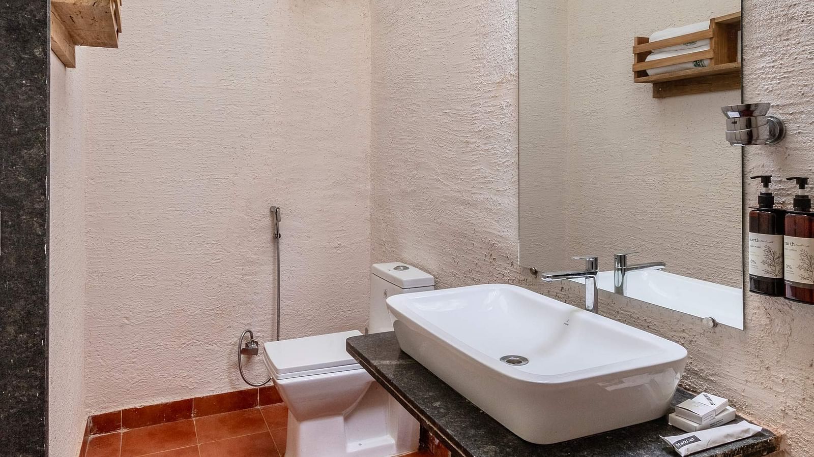 Washroom at Conservancy Bungalow featuring a sink with a large mirror over it and toiletries next to it and a toilet near the shower place