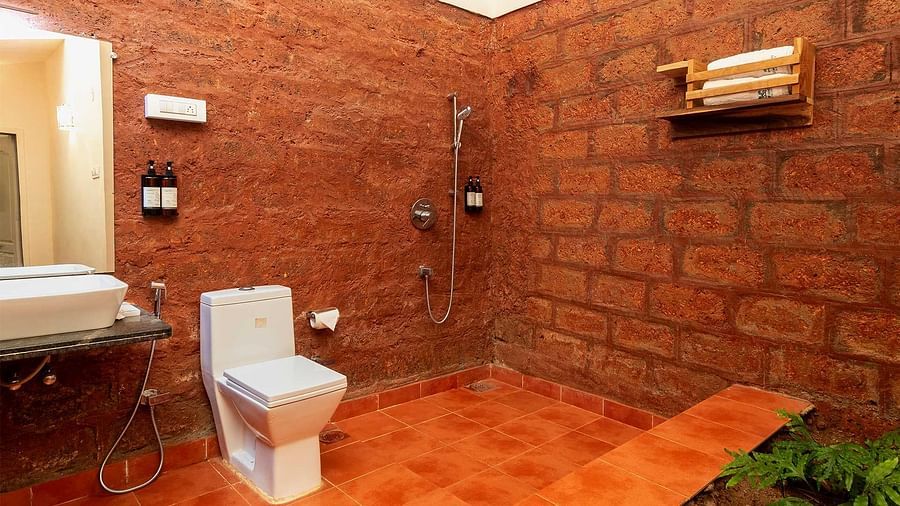 A bathroom with shower, toilet, wooden rack with towels, sink area with mirror and plants at the corner at The Conservancy Bungalow