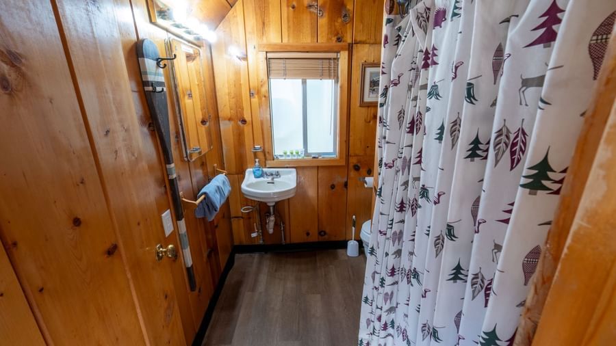 Bathroom with forest-themed shower curtain, wood-paneled walls, and compact sink at Kit Carson Lodge.
