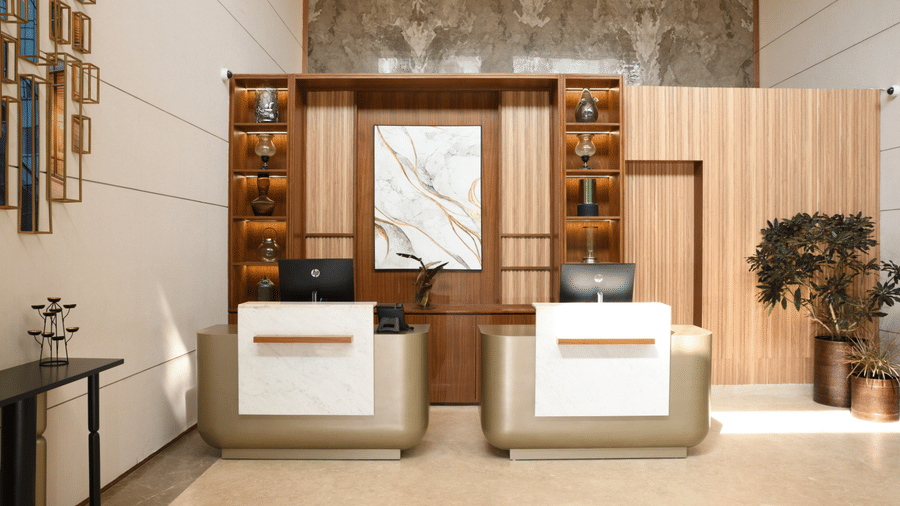 Elegant hotel reception area with modern furnishings and a welcoming layout | Ramada Encore by Wyndham Gurugram Dwarka Expressway