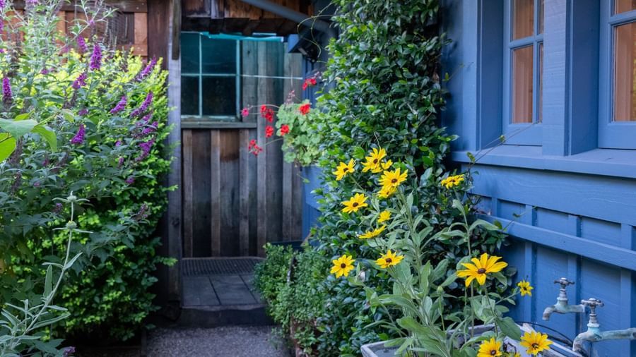 House entrance of Tallman Hotel with numerous flower bushes and a simple exterior.