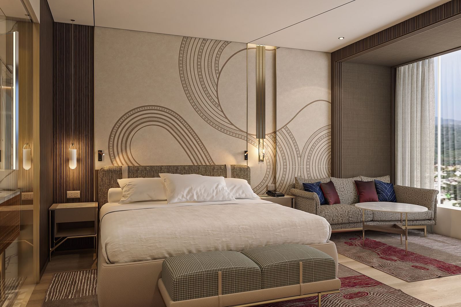 A double bed room with side table, window, curtains, rug and sofa