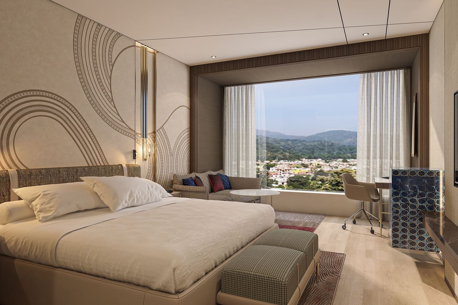 A double bed room with work desk and chair, glass windows and rug