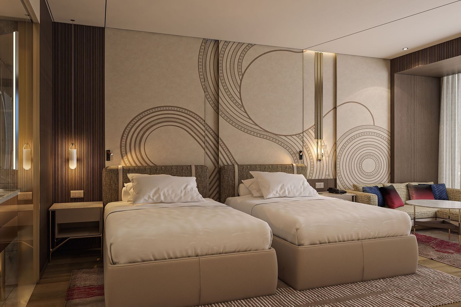 A twin bed room with modern interior, side table with a tiny lamp, rug and sofa in the corner