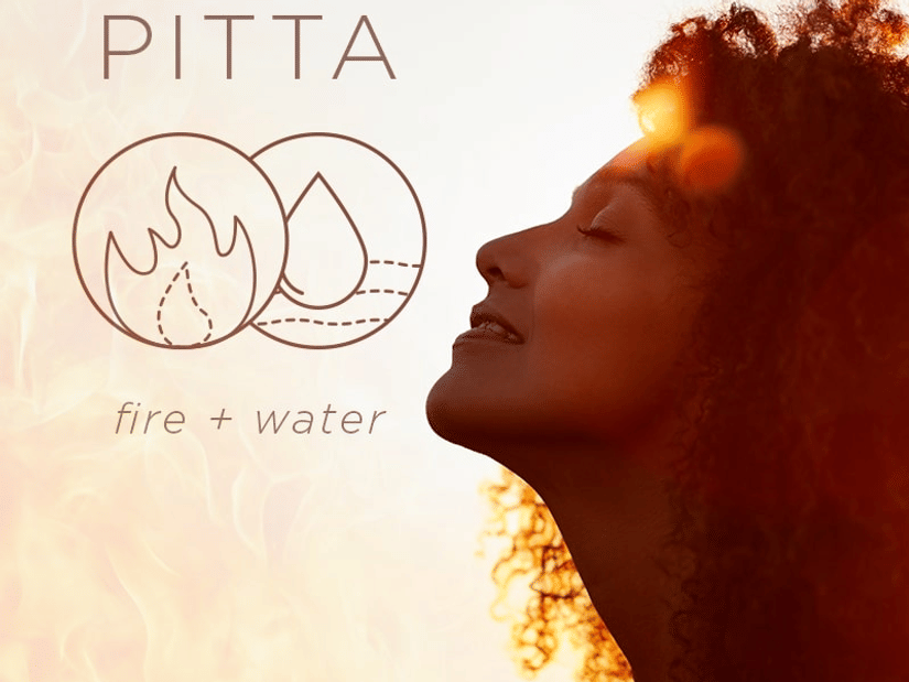 A woman in profile with eyes closed in warm sunlight beside a Pitta fire and water symbol
