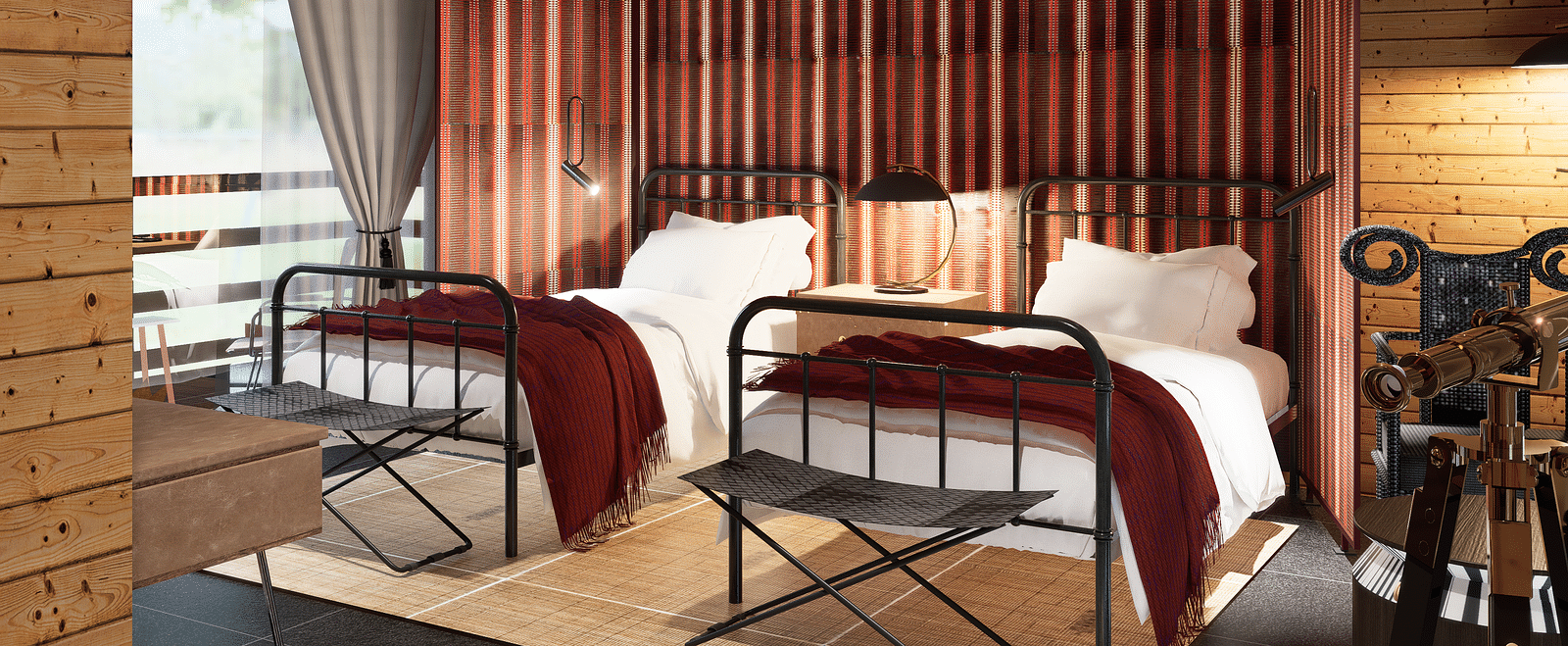 A bedroom with twin beds, a ceiling fan, a striped partition, and a window with curtains - Rhino and River BluSalzz Collection, Pobitora