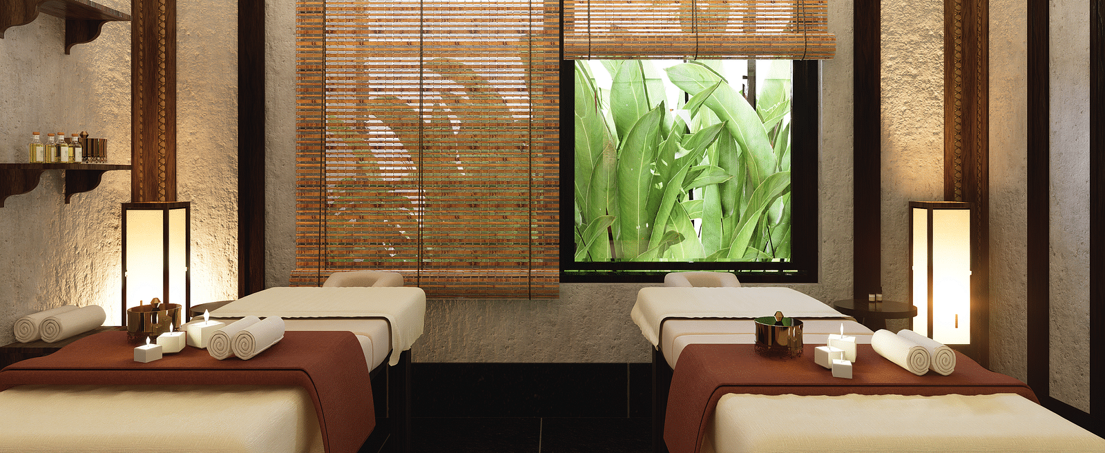 A room with two massage tables, blinds covering a window with foliage, and framed partitions - Rhino and River BluSalzz Collection, Pobitora