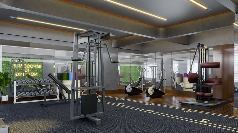 Fitness Center in Kinshasa at Kertel Suites with weights rack and various other equipment