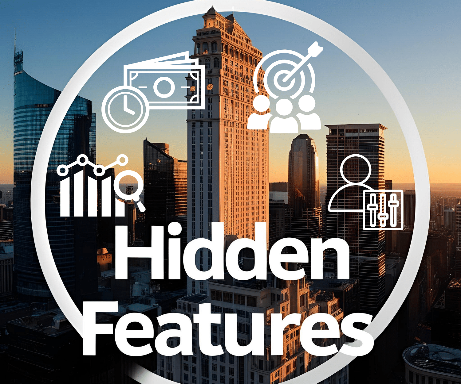 Hidden features of hotel booking engines illustrated over a city skyline background with tech and booking-related icons.