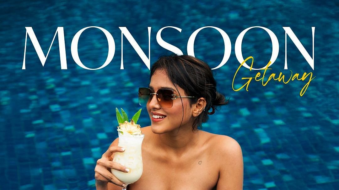 A poster for Monsoon Getaway at The Dukes Retreat featuring a woman in a red swimsuit holding a drink in a pool