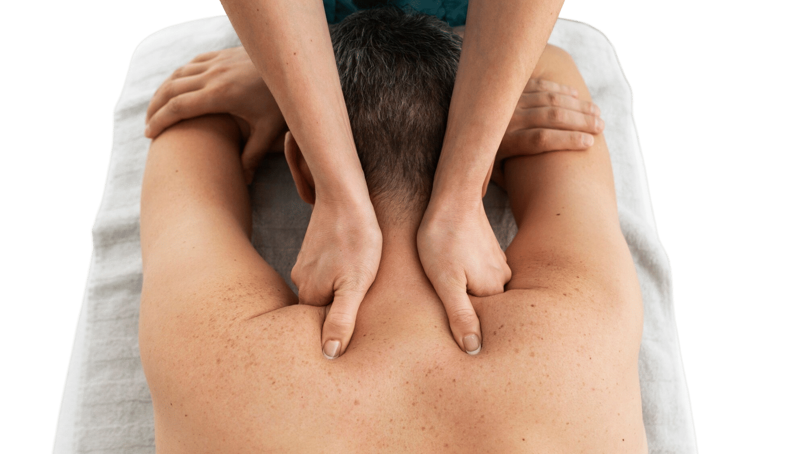 Relaxing spa massage at Matsya Island, with a therapist applying firm pressure on the upper back to relieve tension. Calm setting enhances comfort and rejuvenation experience.