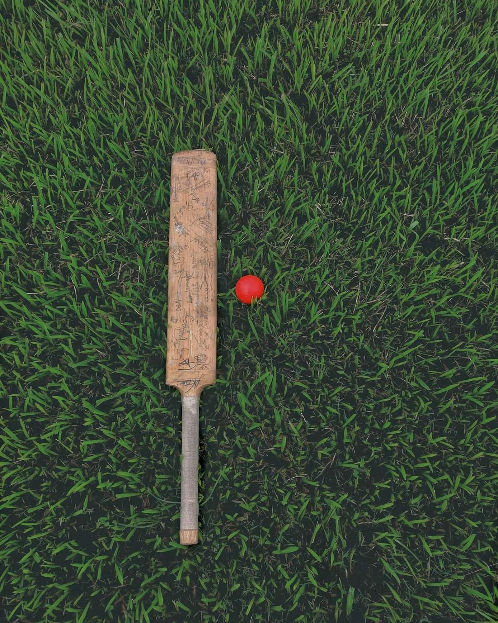 A cricket bat and ball on green grass, positioned centrally in the frame.
