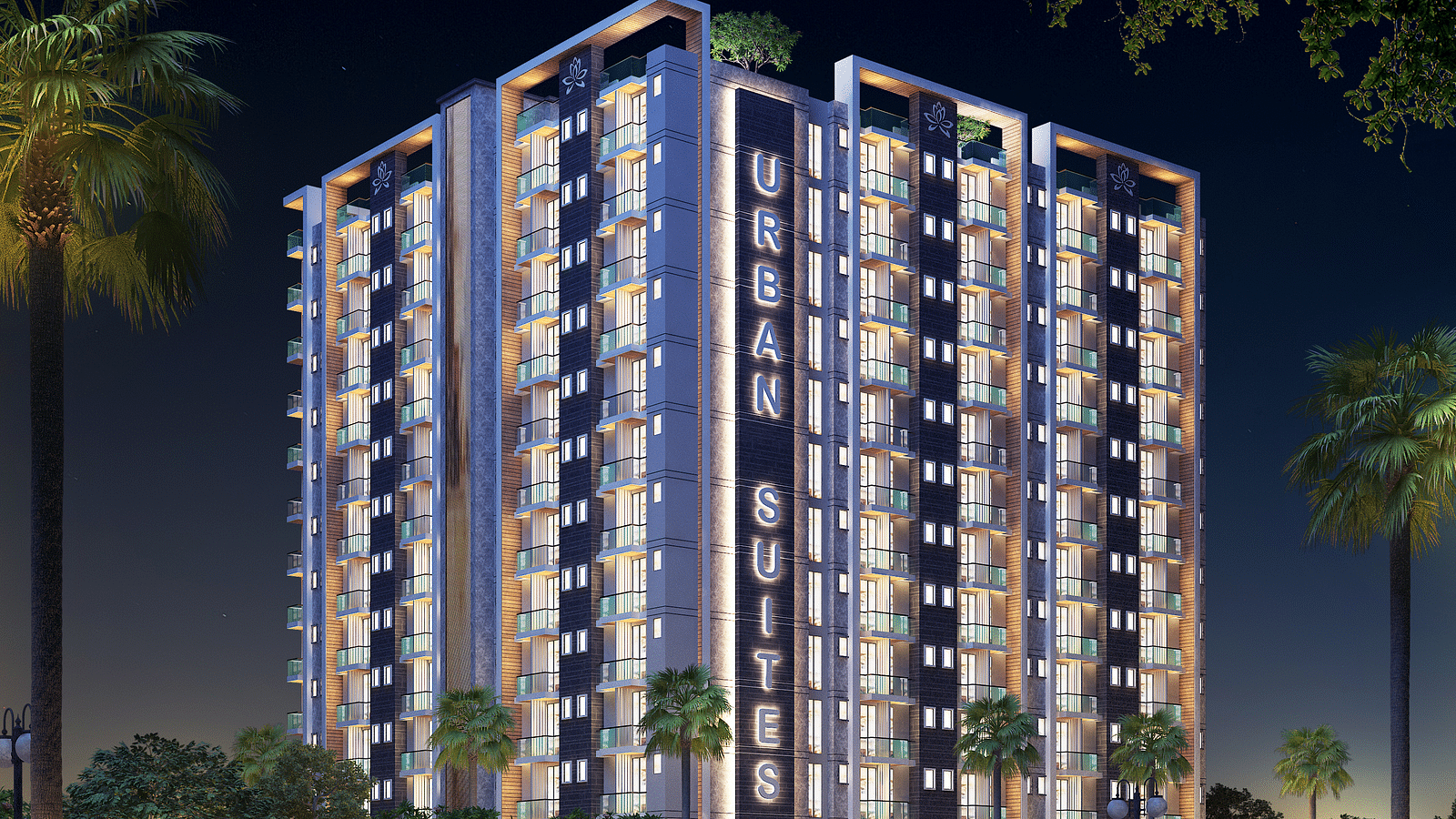 Facade view of Urban Suites by BluSalzz, Jaipur against the night sky, with the building glowing beautifully in the evening light.