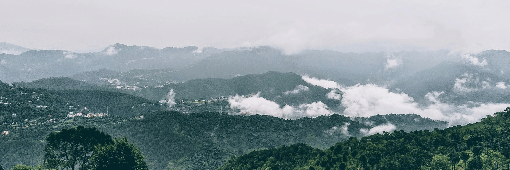 A view of mist-covered mountains and lush green forests on a cloudy day.