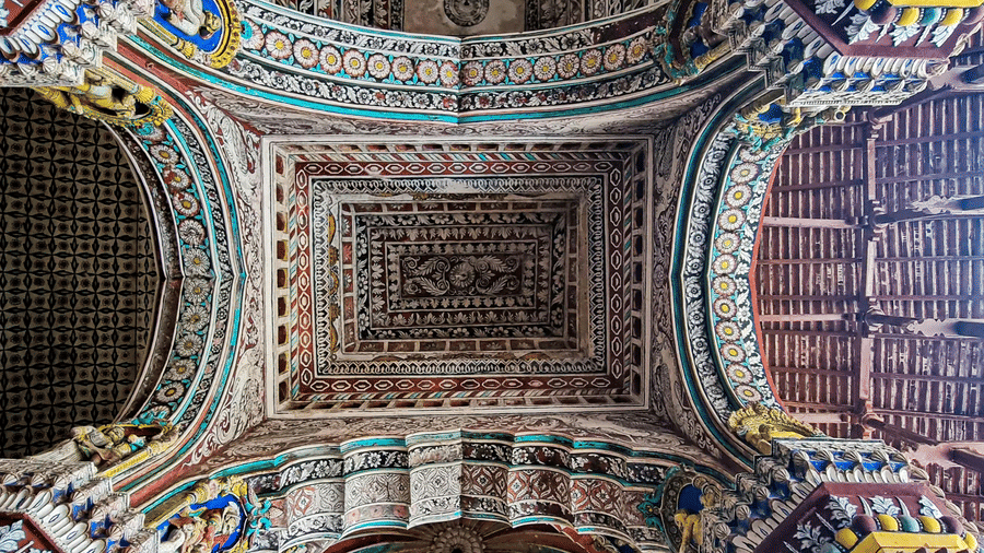 A colourfully painted ceiling artwork inside the Durbar Hall at at Thanjavur Maratha Palace.