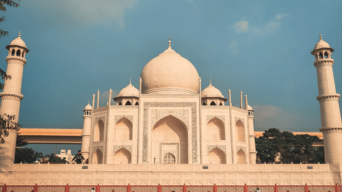 Taj Mahal replica displayed among the Seven Wonders attractions at Eco Park in Kolkata.