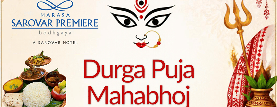 Durga Puja Mahabhoj festive offer poster showcasing vegetarian and non-vegetarian thalis at Varada Cafe, Marasa Sarovar Premiere Bodhgaya, from 15th to 21st October 2026.