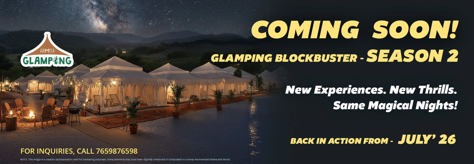 Promotional banner for Glamping Blockbuster Season 2 showing illuminated tents under a starry mountain night sky with event details and contact information.