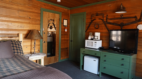 A room at Shaver Lake Village Hotel with a double bed, a lamp on a night stand, a green cabinet and wooden paneling throughout.