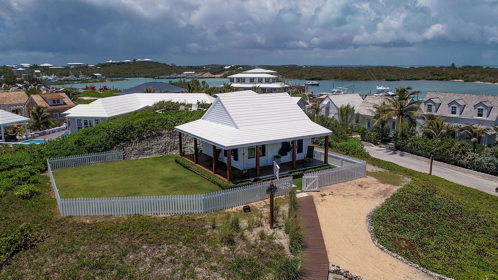 Hill Top Cottage at Abaco Inn captured from above, highlighting the resort layout.