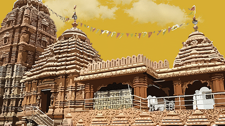 A vibrant temple with a brown facade and multiple spires under a bright, cloudy sky.