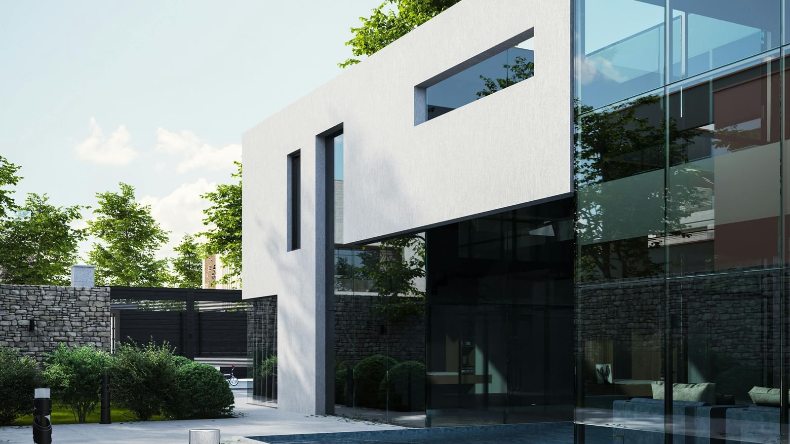 A contemporary apartment building with a sleek outdoor pool.