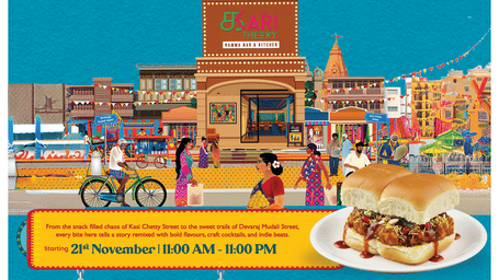 Promotional poster for Sowcarpet Stories at Kari Theory, Radisson Blu Hotel & Suites GRT Chennai, featuring vibrant illustrations of a busy street scene & chaat items.
