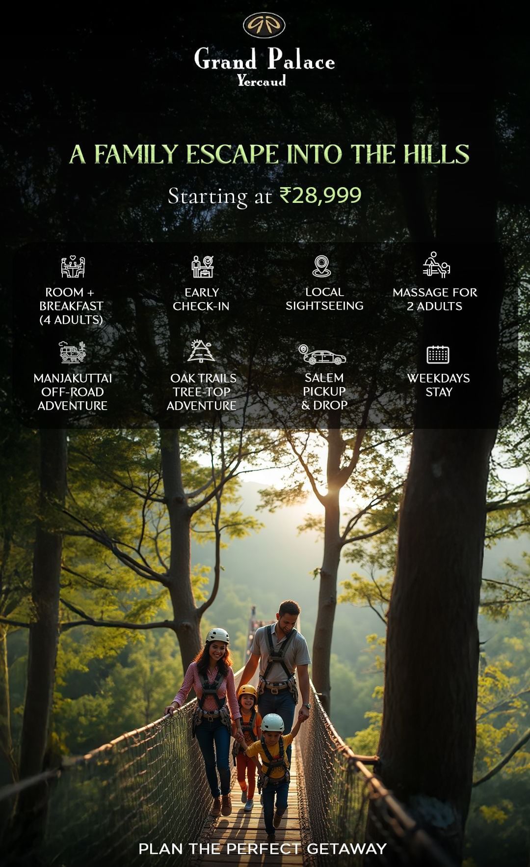  A family enjoys a scenic walk in a sunlit forest, promoting Grand Palace Hotels family escape into the hills offer