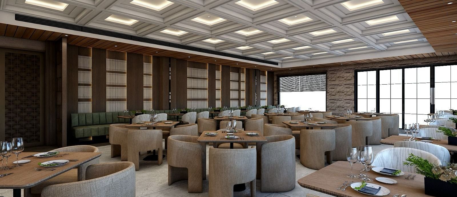 Corner view image of the restaurant with well arranged seating area and a false ceiling above it - Namaste Corbett