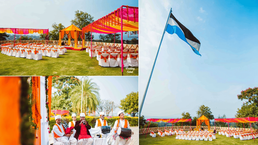 A collage of the weddings and events in Bhopal, hosted at the Circular Lawn during the daytime featuring the seating configuration on the lawn at Noor-Us-Sabah Palace, Bhopal.