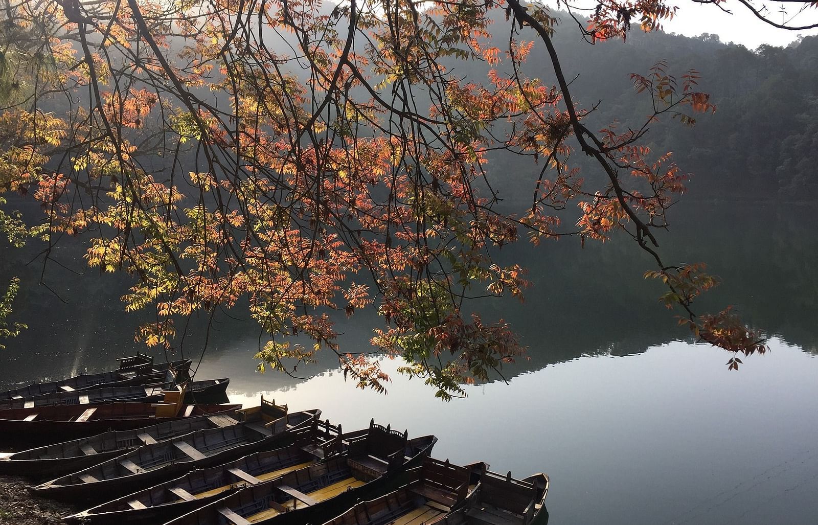 A beautiful side angle shot of a lake, featuring boats lined up along the shore, with serene water reflecting the surroundings.