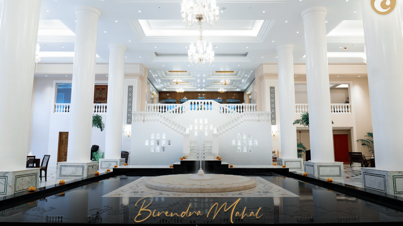 Luxurious hotel lobby with white marble interiors and grand chandeliers having the Best Places to Eat in Lucknow at Clarks Avadh, Lucknow.
