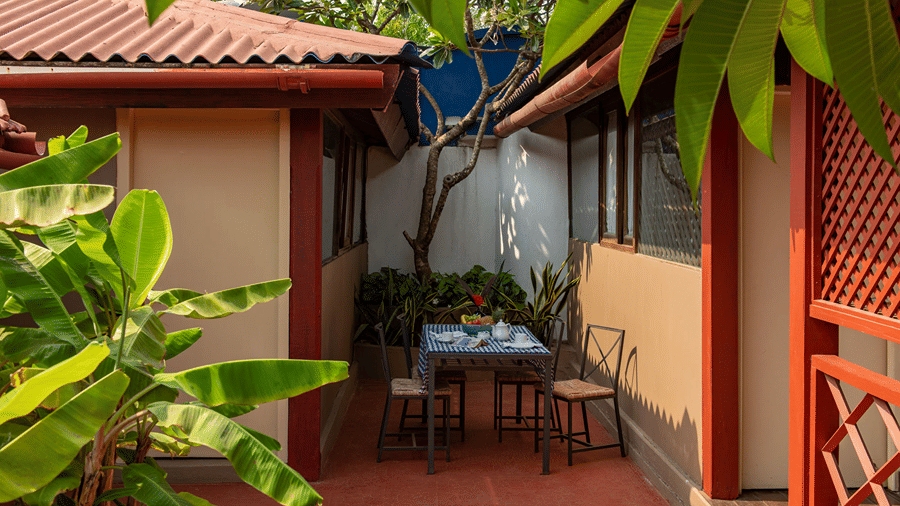 Outdoor seating area with wooden chairs and a table surrounded by tropical greenery.