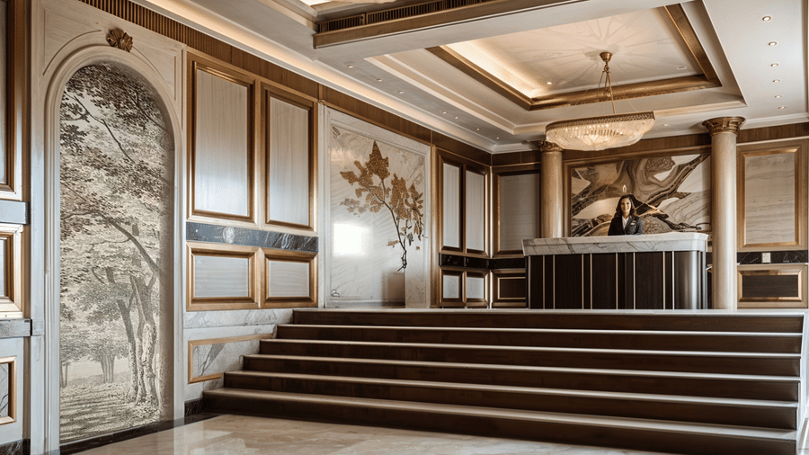 The lobby featuring stairs leading up to a reception desk, and a decorated ceiling.