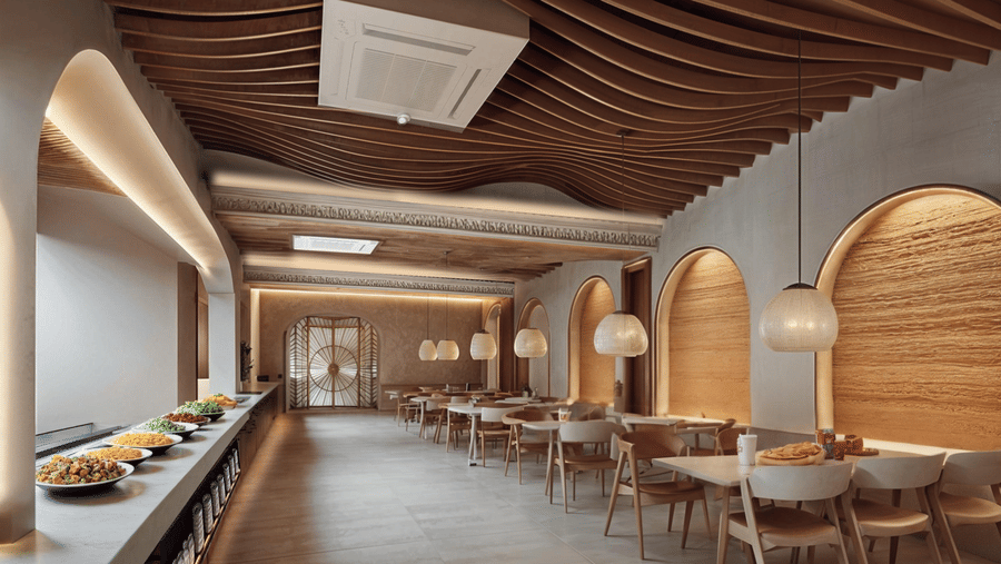 A cafe with dining tables and chairs aligned neatly opposite a counter on which many plates of food are placed.