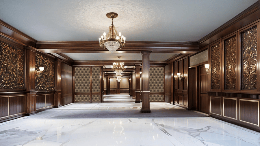 An empty banquet hall featuring a chandelier and marble flooring.