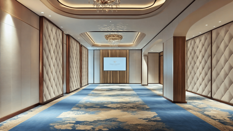 An empty conference room with carpeted floor, a wall-mounted TV, and a decorated ceiling.