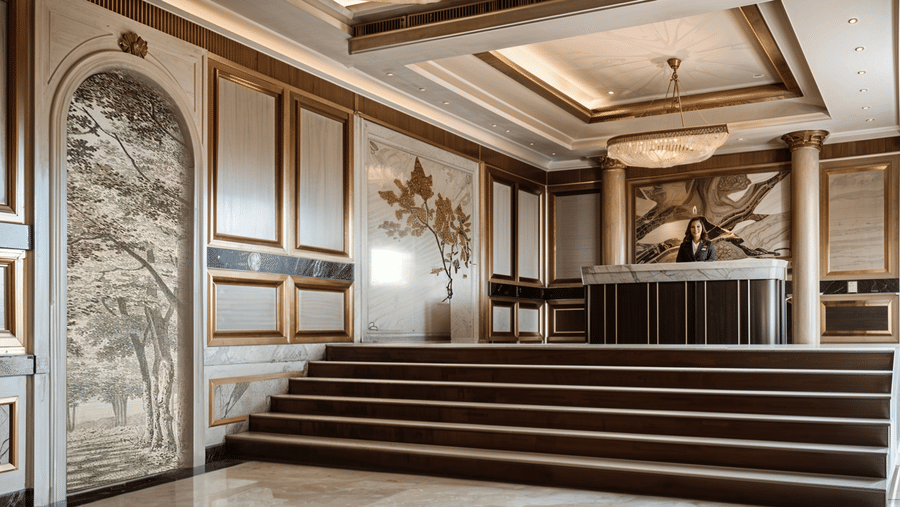 The lobby featuring stairs leading up to a reception desk, and a decorated ceiling.
