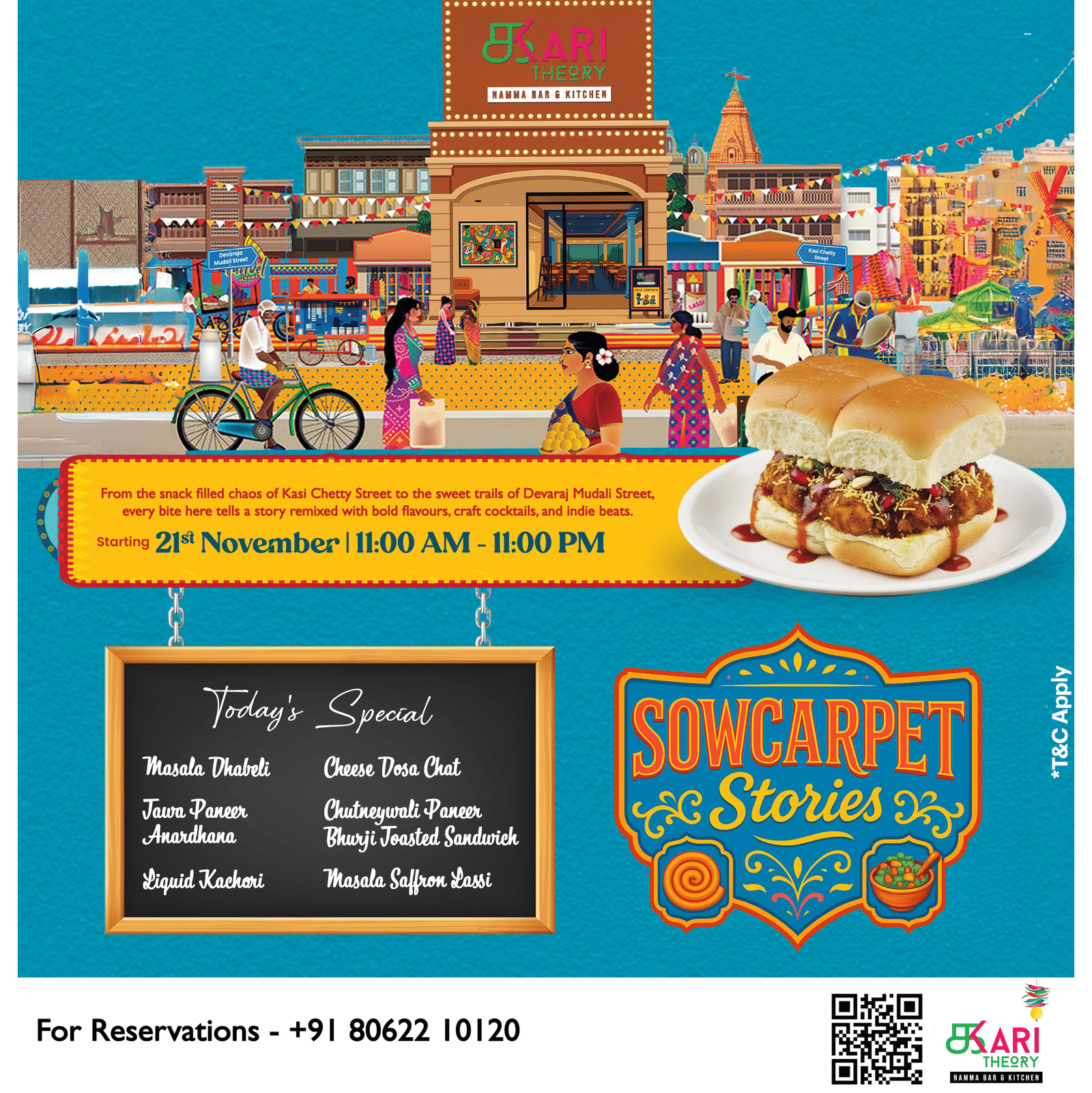 Promotional poster for Sowcarpet Stories at Kari Theory, Radisson Blu Hotel & Suites GRT Chennai, featuring vibrant illustrations of a busy street scene & chaat items.