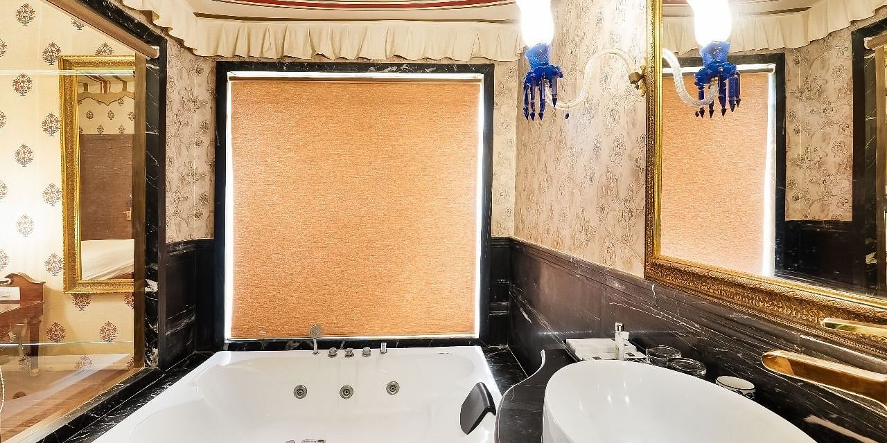 Overview shot of the interior of a luxurious bathroom at the Rajasthali Resort and Spa in Jaipur