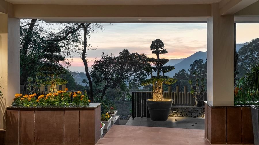 A view of the garden in front of the hotel lobby - The Samai, Bhimtal