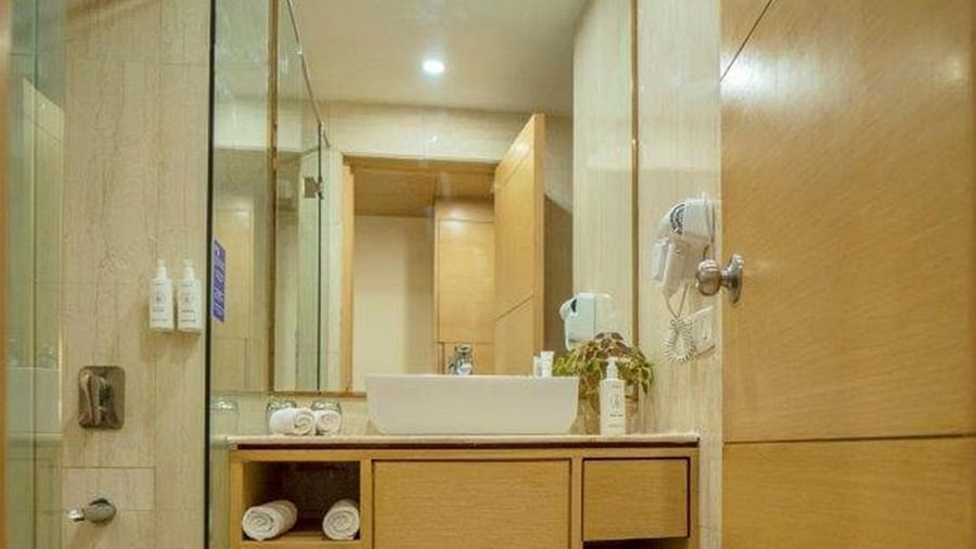 Bathroom with a mirror, sink, and glass shower area at Golden Tulip, Udaipur.