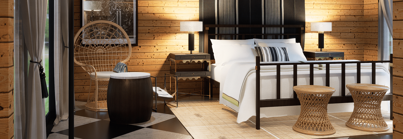 A bedroom with a bed, lamps, patterned drapes, a chair, and a chequered floor - Rhino and River BluSalzz Collection, Pobitora