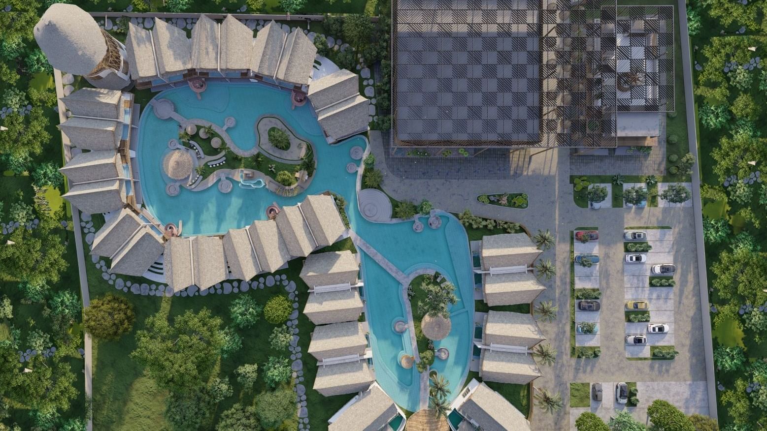 An overhead drone shot of the entire resort layout, highlighting the unique, free-form pool design - Avanya Resorts Private Limited, Chennai