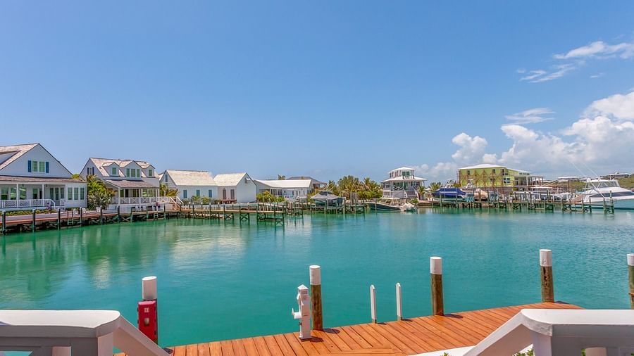 Wooden dock with the sea view at Abaco Inn.
