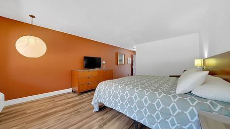 A view of a room at Amador Hotel with a double bed and a television.